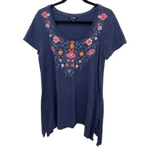 Terre Bleue Blue Embroidered Navy Blue Floral Short Sleeve Cotton T-Shirt Small